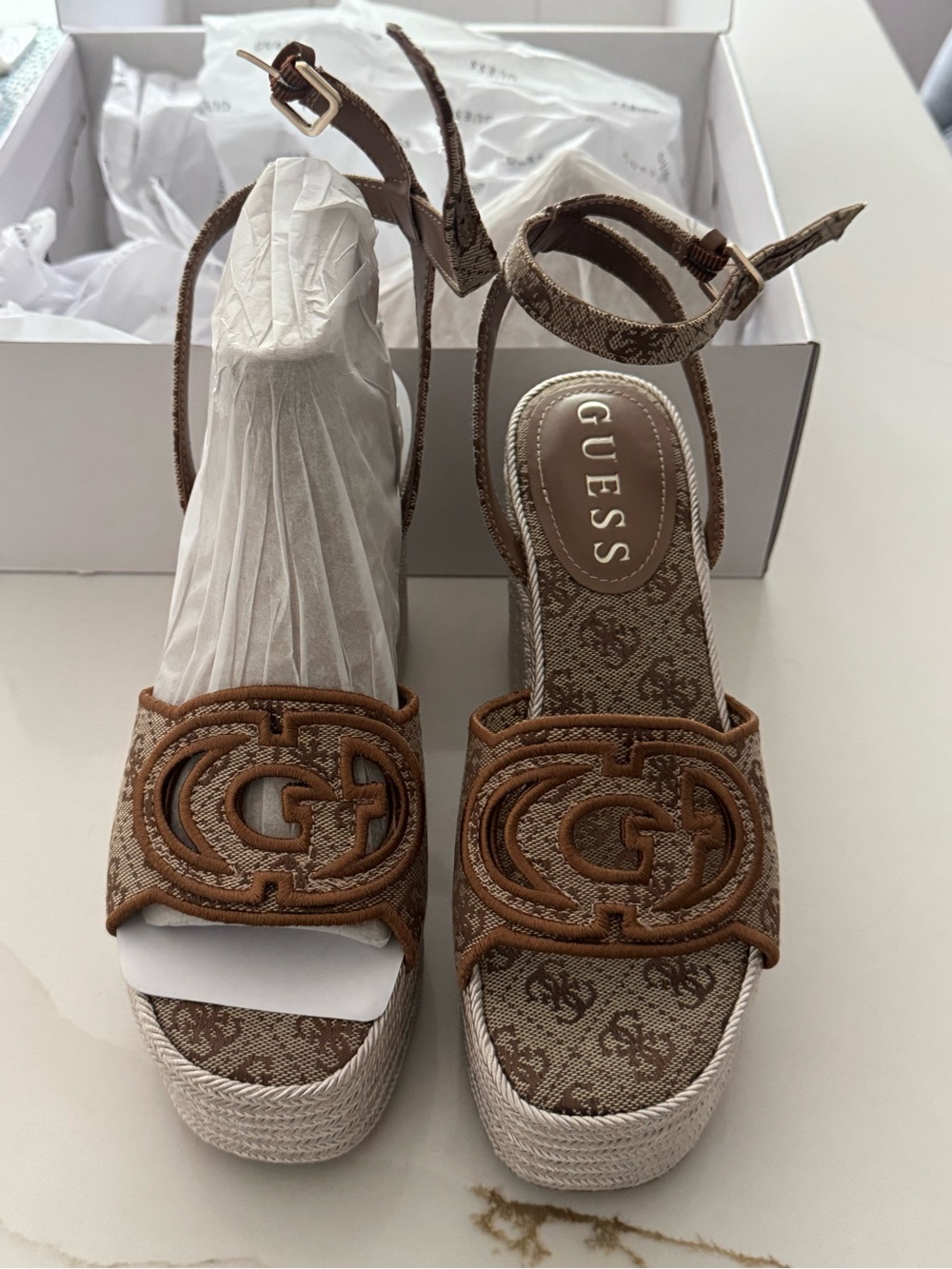 GUESS Brown Logo Espadrille Platform Wedge Sandals - Picture 2 of 4
